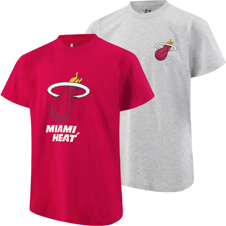 Two Miami Heat graphic t-shirts shown on a white background, one in bright red in the foreground and one in heather gray behind it. Both shirts feature the Miami Heat logo on the chest.