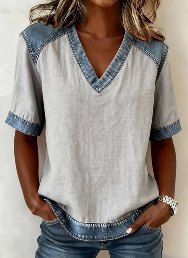 Color-blocked V-neck Raglan Sleeve T-shirt For Women, Loose Fit, Casual And Versatile Short Sleeve. - cas7m