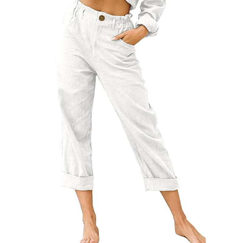 Patchwork Pant Women's Cotton Linen Pants Drawstring Back Elastic Waist Pants Loose Casual Trousers - cas7m