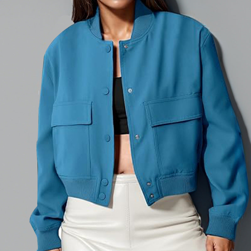 Fashion Button Stand-collar Jacket With Big Pockets Casual Loose Short Outwear Tops Coat For Women Clothing - cas7m