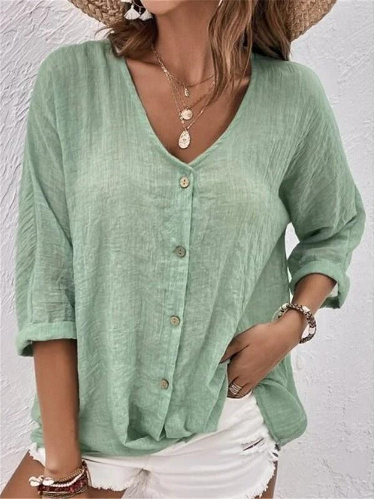 V-neck Long-sleeved T-shirt Fashion Solid Color Button Top Casual Loose Clothing For Women - cas7m