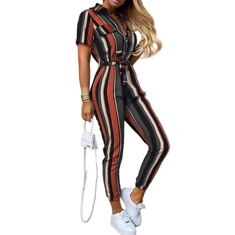 Printed Belt Work Overalls Short Sleeves - cas7m