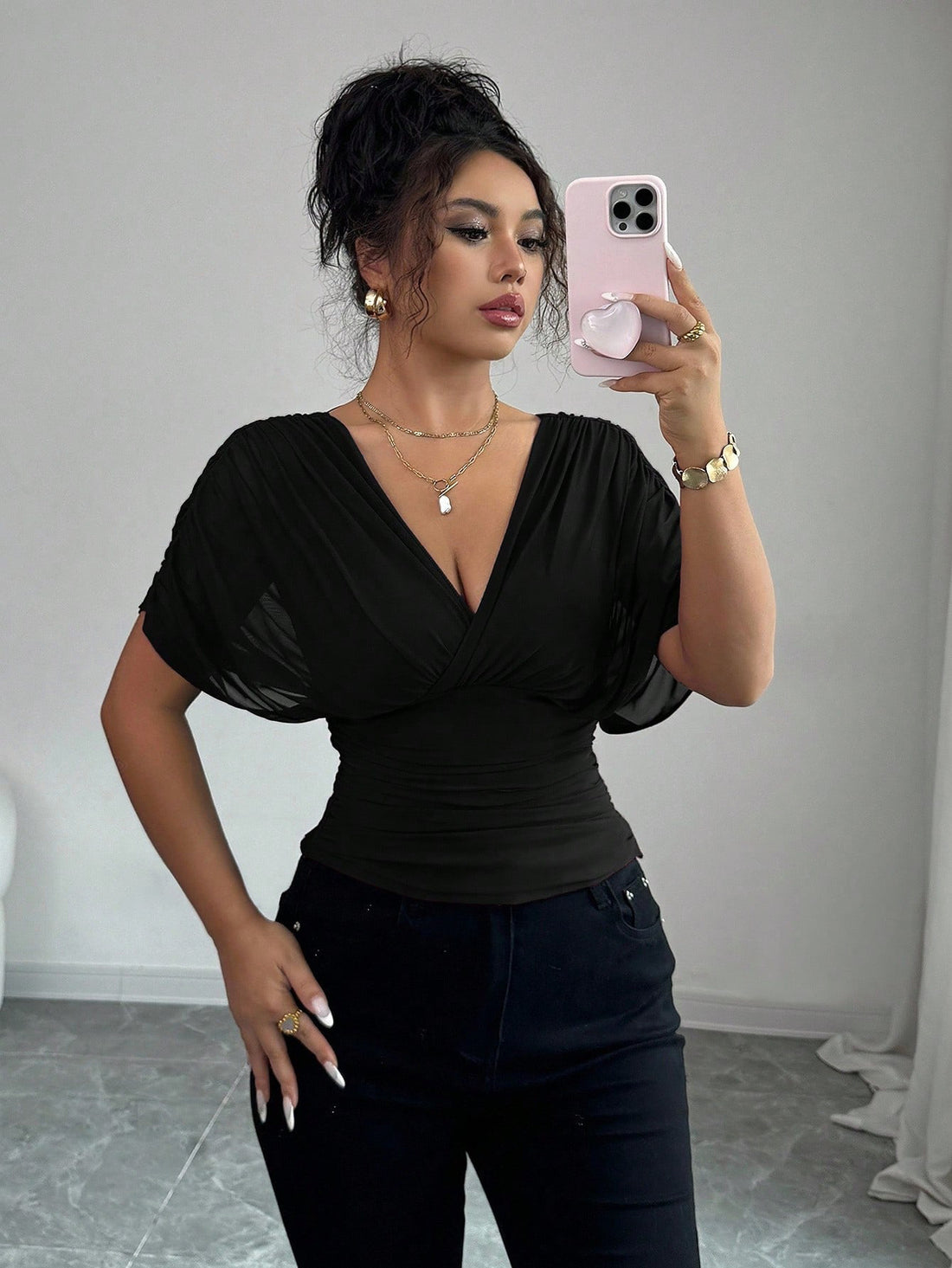 Solid-color Deep V-neck Short-sleeve Waist-cinching Top For Women - cas7m