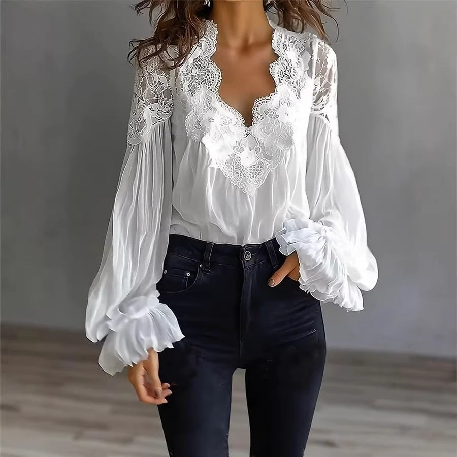 Ins Puff-sleeved Blouse Fashion Elegant Ruffle Pleated Long-sleeved Top Womens Clothing - cas7m
