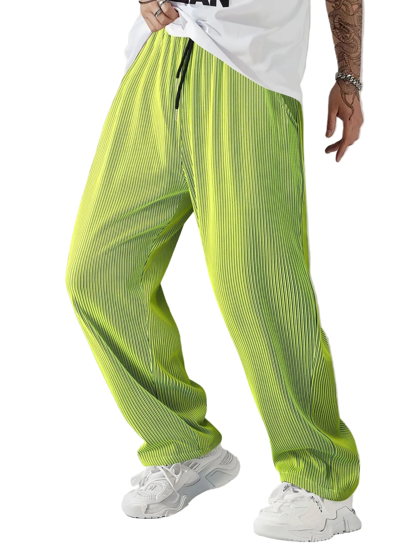 Person wearing bright green mesh pants with a plain background