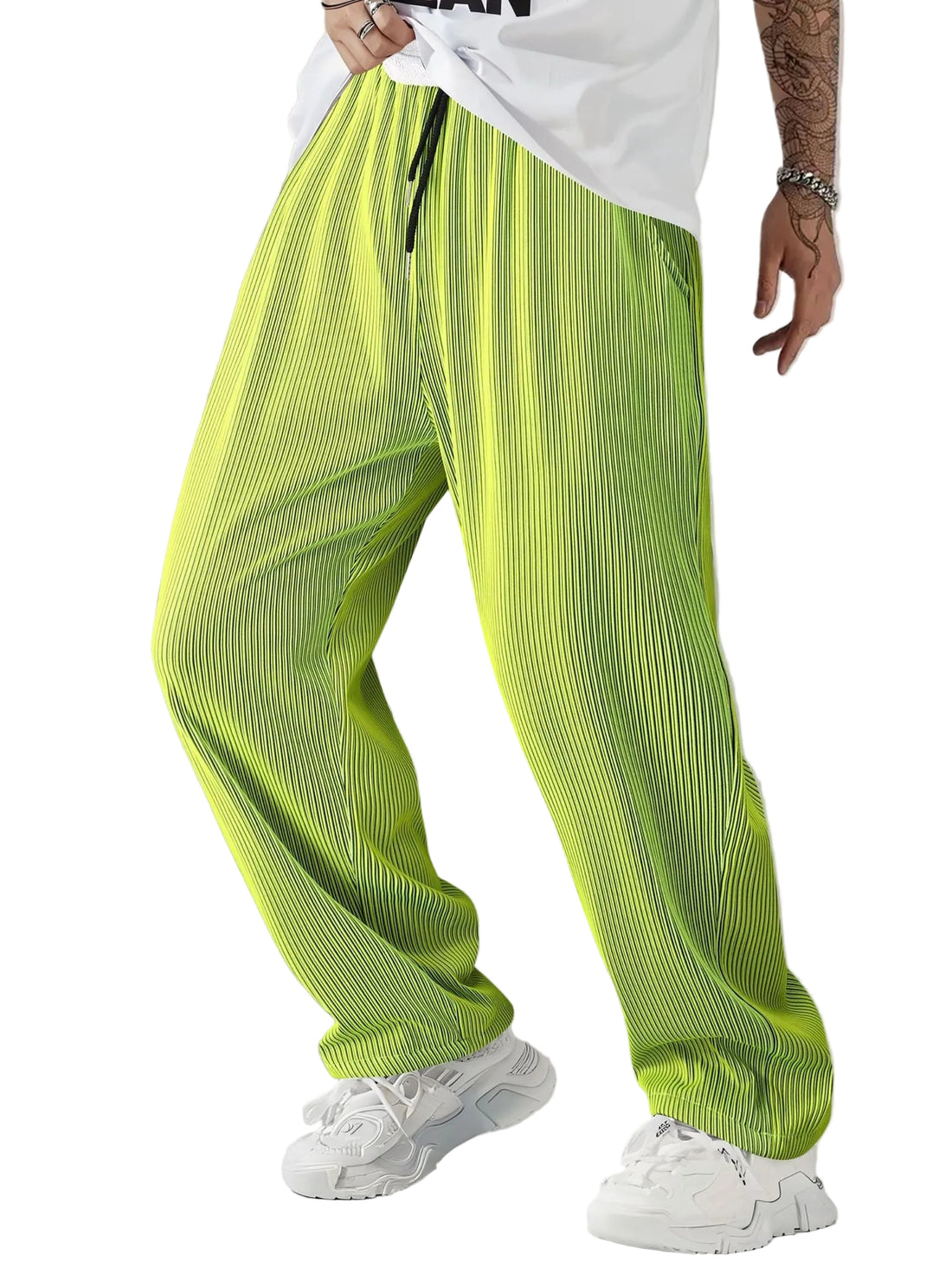 Person wearing bright green mesh pants with a plain background