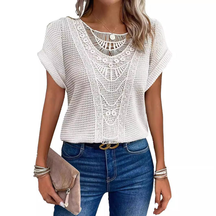 Independent Site Hollowed Lace Patchwork Plus-size Short-sleeve T-shirt Cross-border - cas7m
