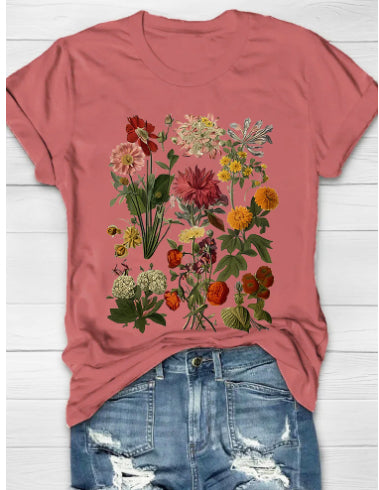 Flower Plant Print Casual Loose Round Neck Short Sleeve - cas7m
