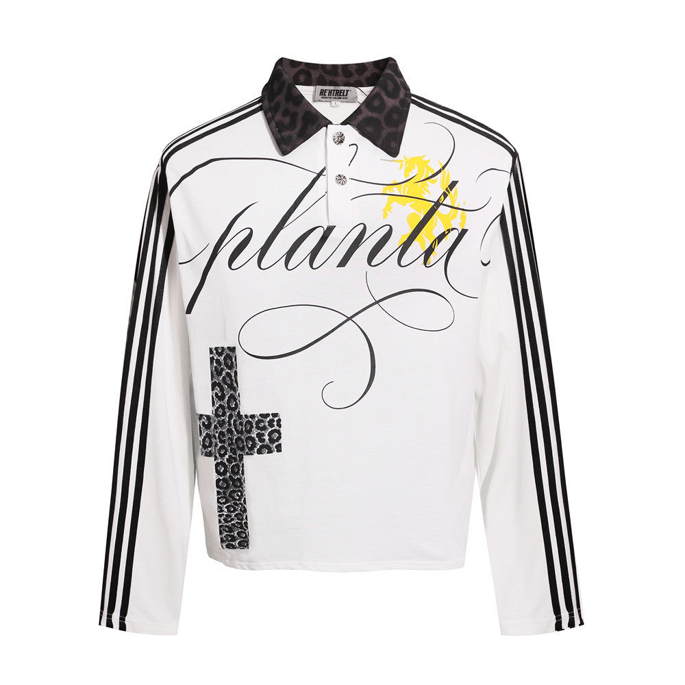Hip Hop Gothic Cross Three Stripes Print Long Sleeve Collared Polo Shirt