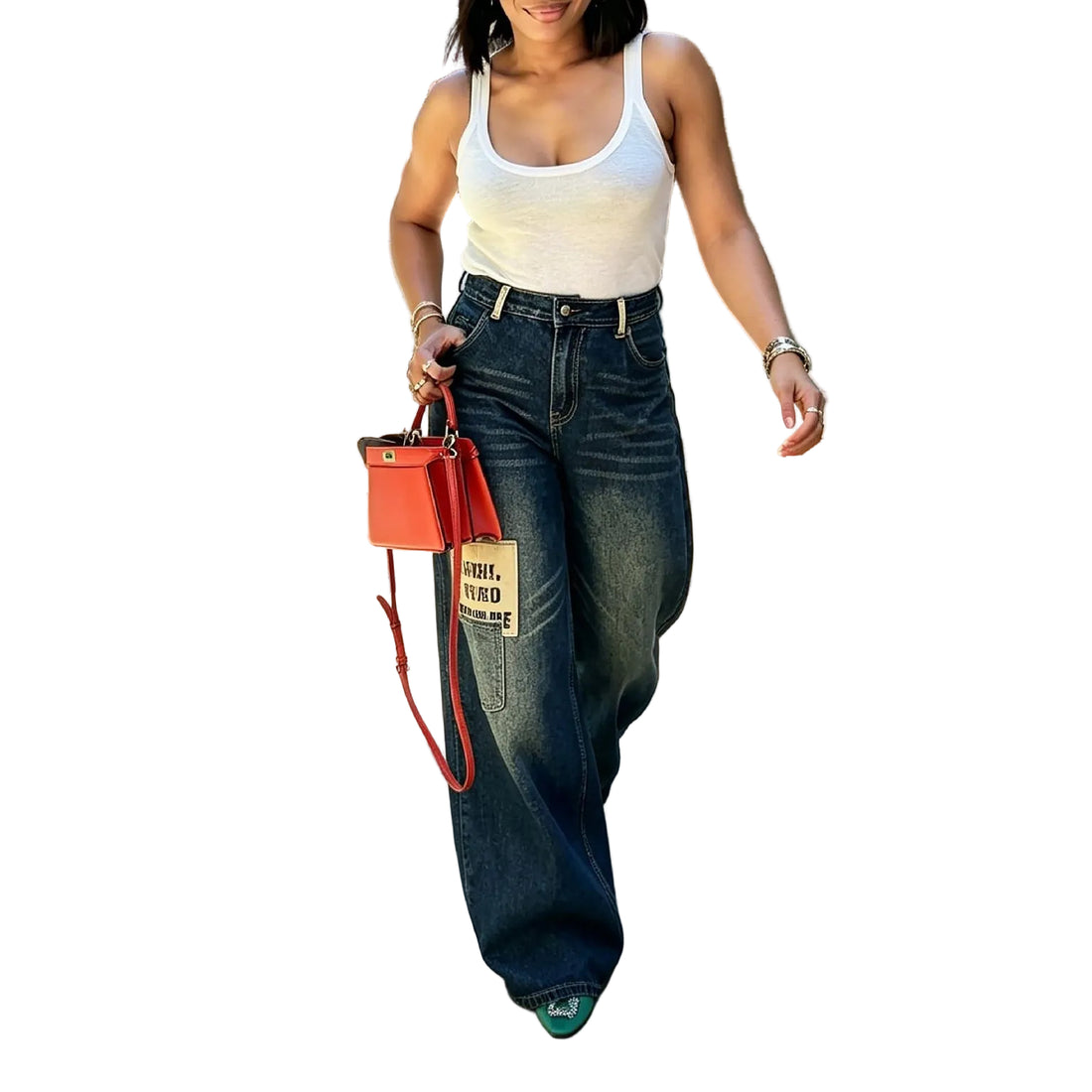 Street Style Asymmetric Letter Patch Washed Frayed Denim Pants