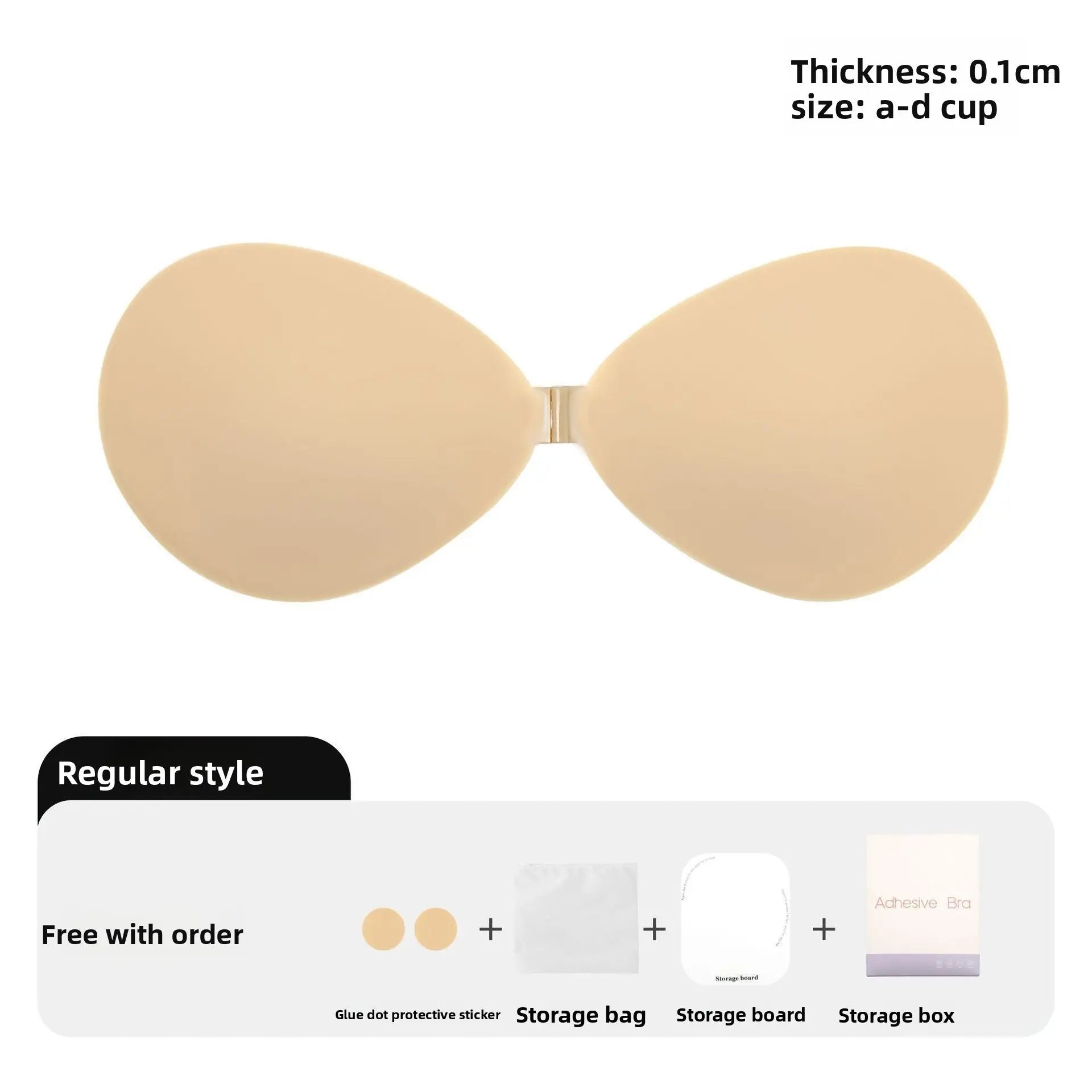 Beige adhesive nipple pasties shown on a white background, with text indicating thickness 0.1cm and size a-d cup, plus a lower panel showing included accessories for a free style order.
