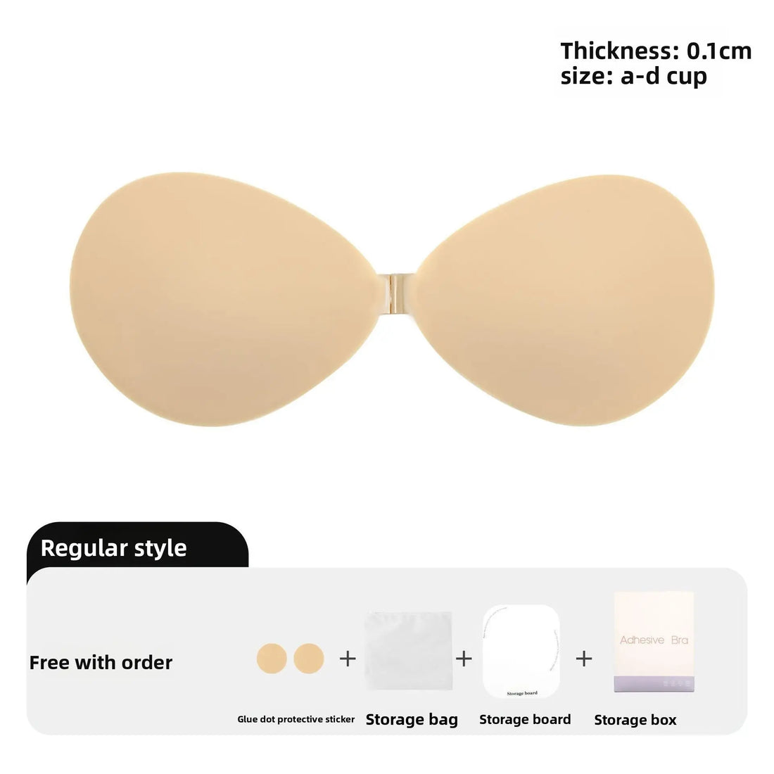 Beige adhesive nipple pasties shown on a white background, with text indicating thickness 0.1cm and size a-d cup, plus a lower panel showing included accessories for a free style order.