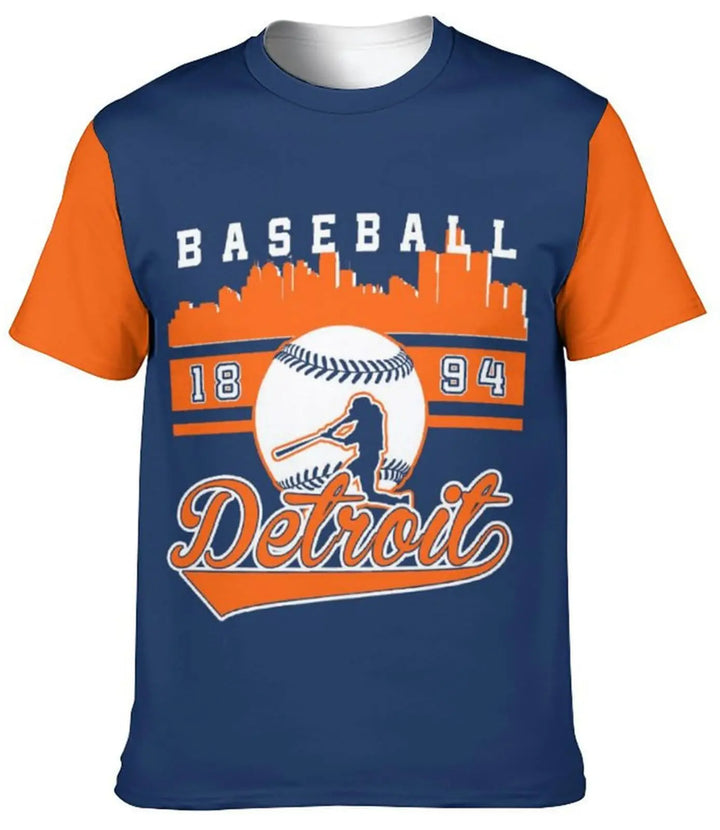 A short-sleeve crewneck t-shirt with a navy blue body and orange sleeves, featuring a Detroit baseball graphic on the front with 'BASEBALL Detroit' and '1894' text.