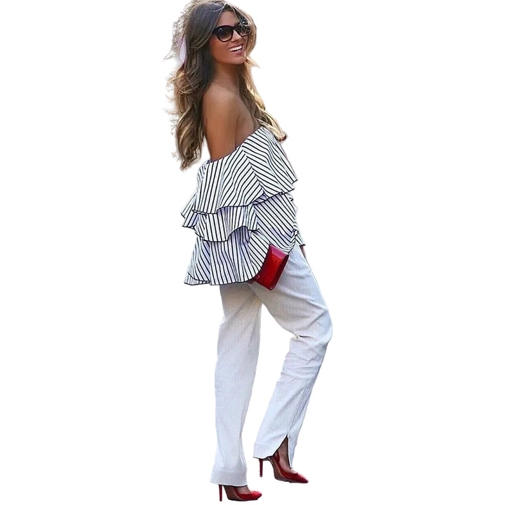 Halter-neck Sexy Backless Flared-sleeve Striped Blouse For Women - cas7m