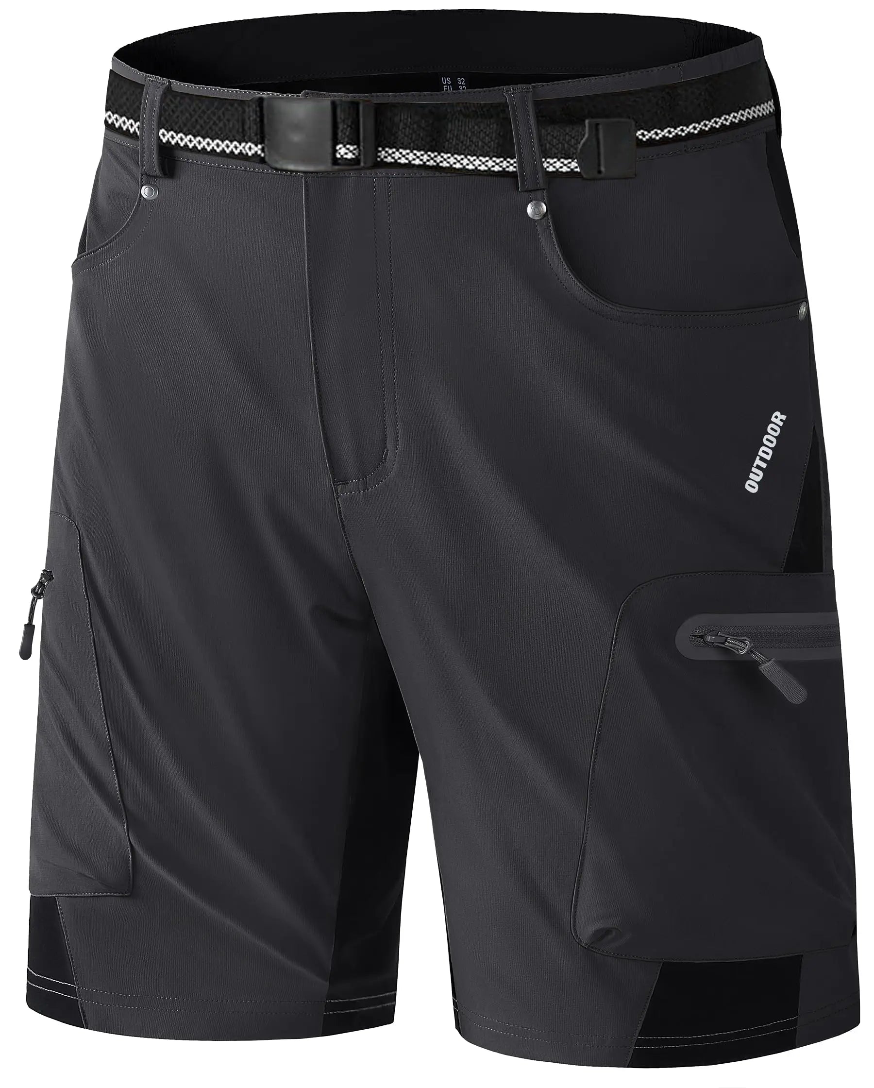 Black outdoor shorts with multiple pockets and a belt on a white background