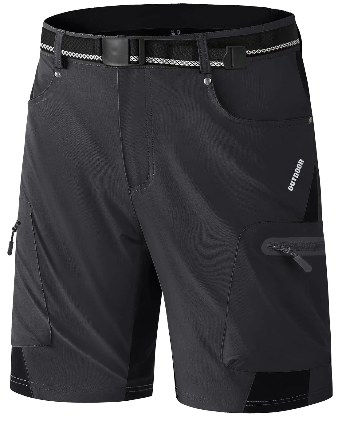 Black outdoor shorts with multiple pockets and a belt on a white background