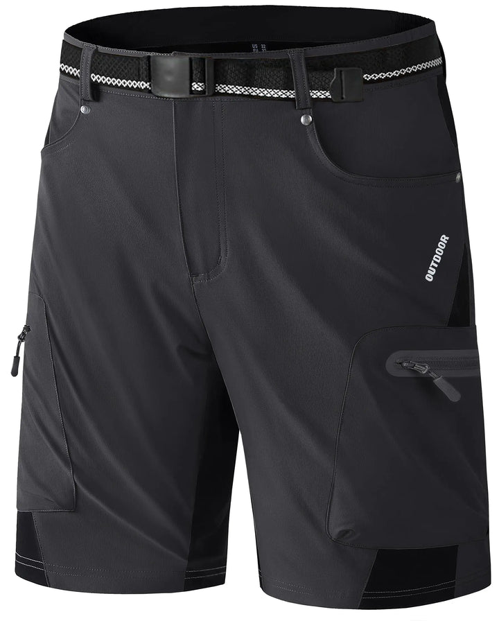 Black outdoor shorts with multiple pockets and a belt on a white background