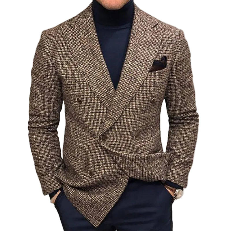 Brown checkered blazer worn by a person on a gray background