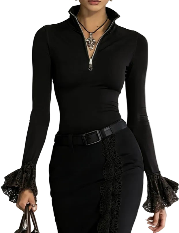 Lace-trimmed Stand-up Collar Zip-up Long-sleeved Top For Women - cas7m