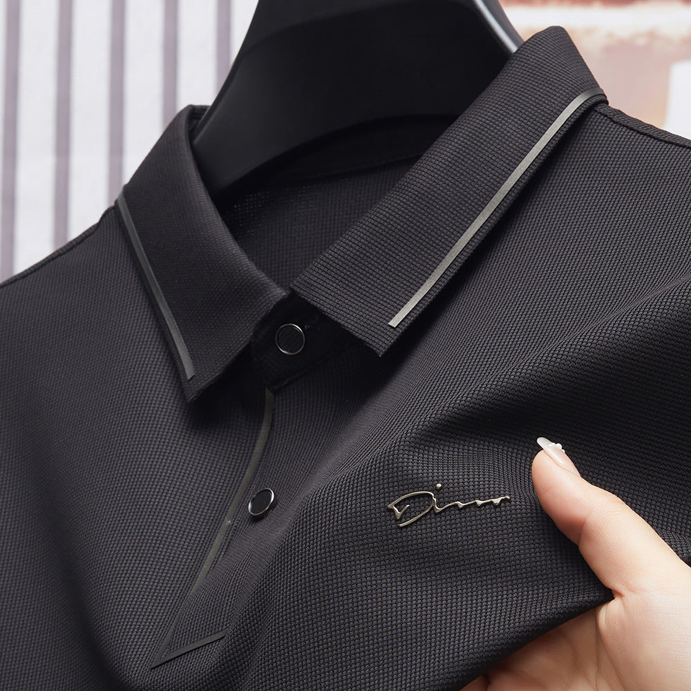 Ice Silk Short Sleeve T-shirt Men's Shirt Collar Summer Polo Shirt Loose Clothes Split - cas7m
