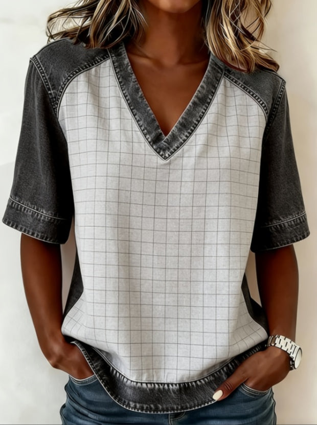 Color-blocked V-neck Raglan Sleeve T-shirt For Women, Loose Fit, Casual And Versatile Short Sleeve. - cas7m