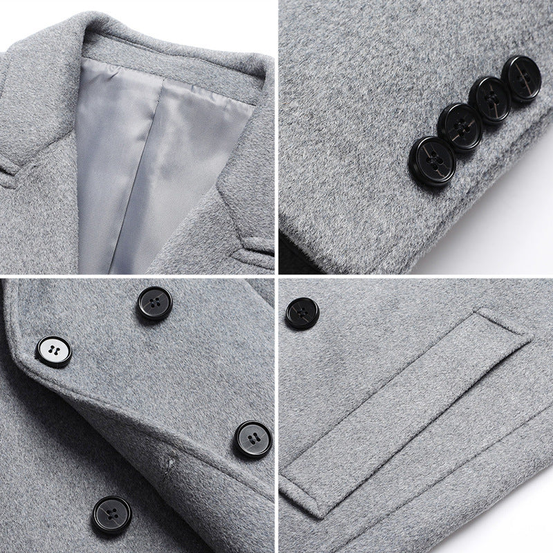 Collage of close-up details of a gray coat with buttons and lining.