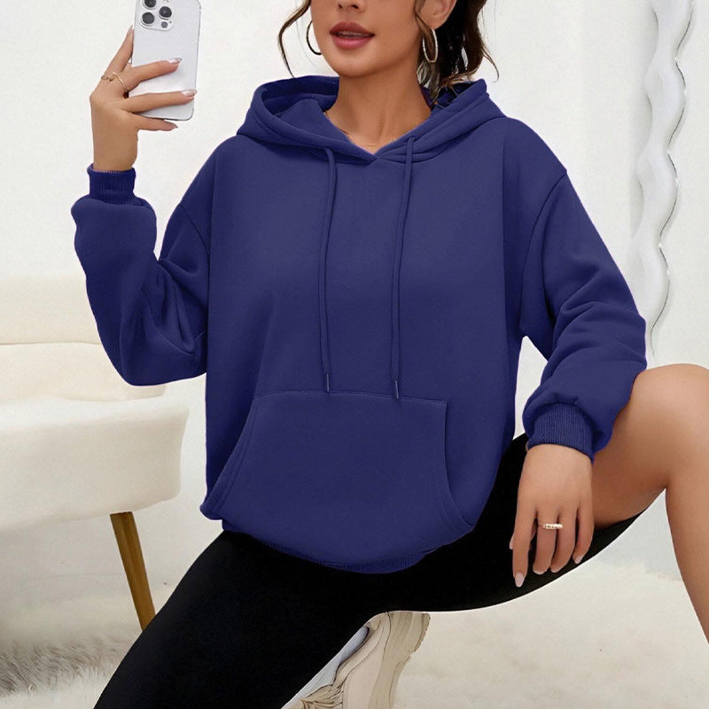 All-matching Loose Drawstring Pocket Sweatshirt Long Sleeve Women - cas7m