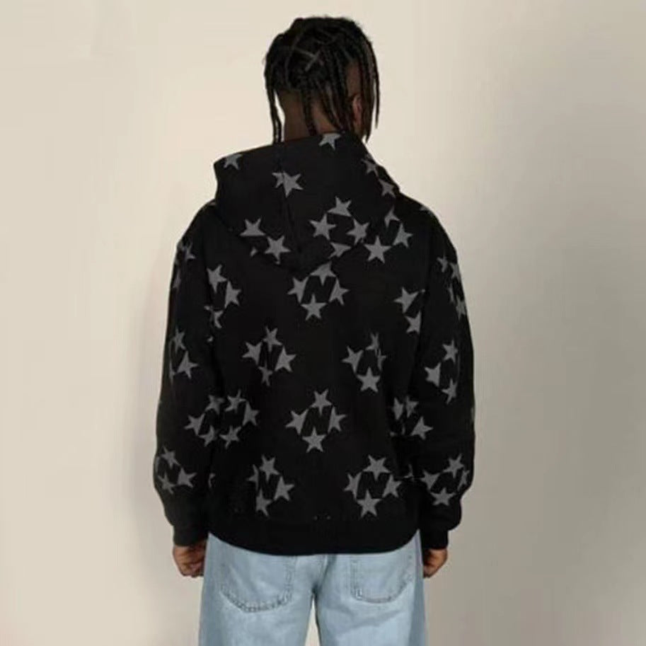 Stars Printed Zipper Hooded Cardigan Couple Fashion Outerwear Hoodies Sweatshirt Street Men Women Coat - cas7m