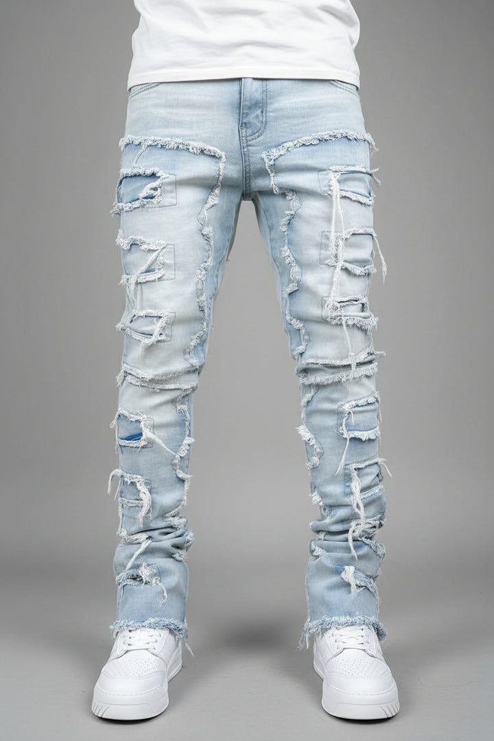 Ins Fringes Ripped Trousers Individual Patched Pants Long Tight Fit Stacked Jeans For Mens Clothing - cas7m