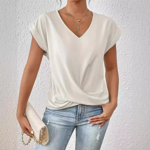 Fashion V-neck Short-sleeve T-shirt Summer Casual Irregular Knot Top For Women Clothing - cas7m