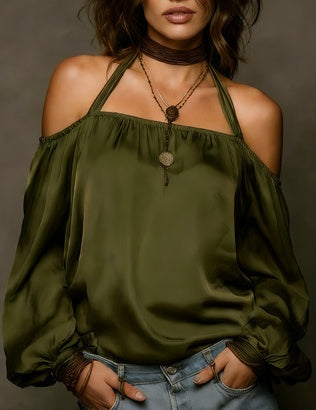 Halter Neck Off-shoulder Puff Sleeve Top For Women - cas7m
