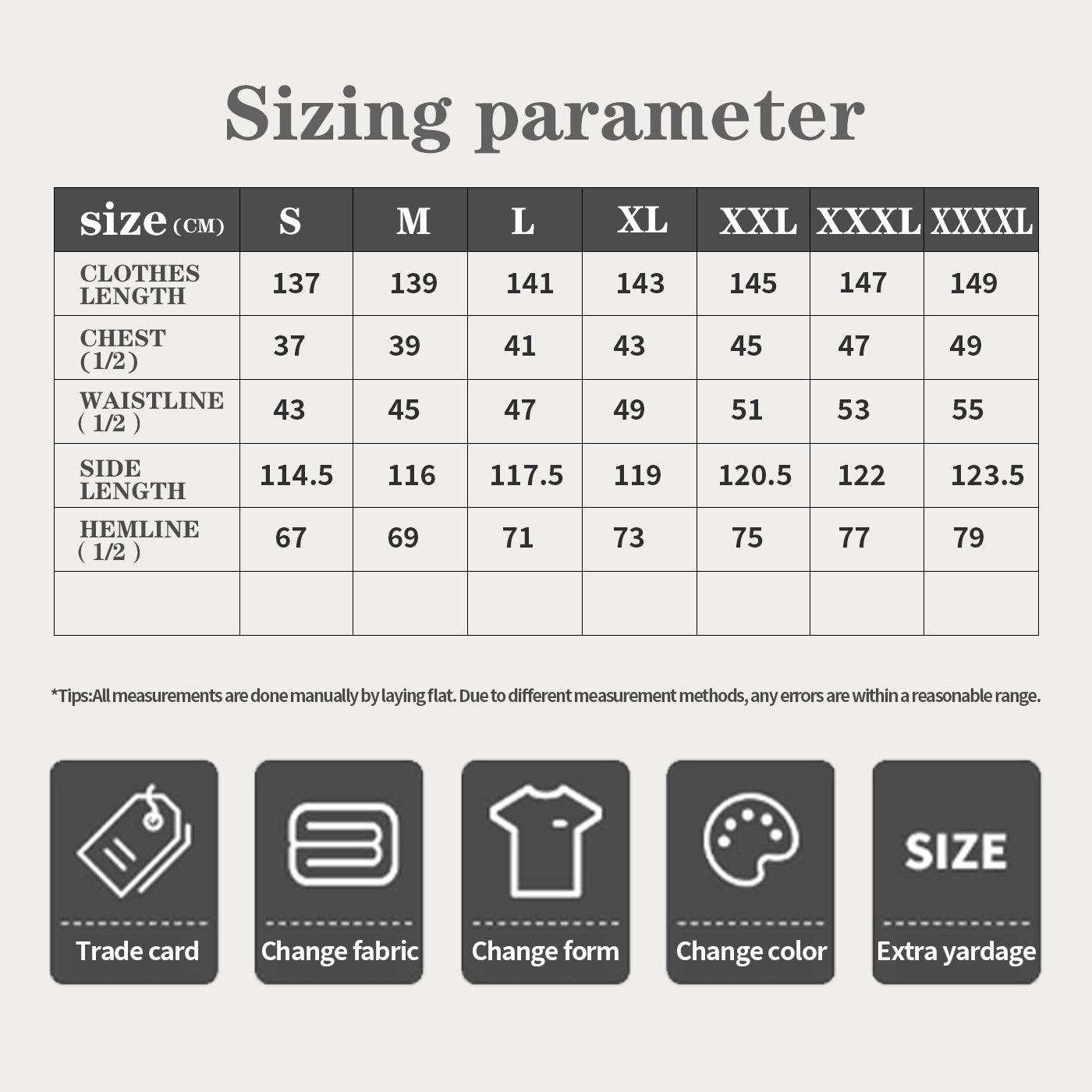 Sizing parameter chart for clothes with measurements in centimeters