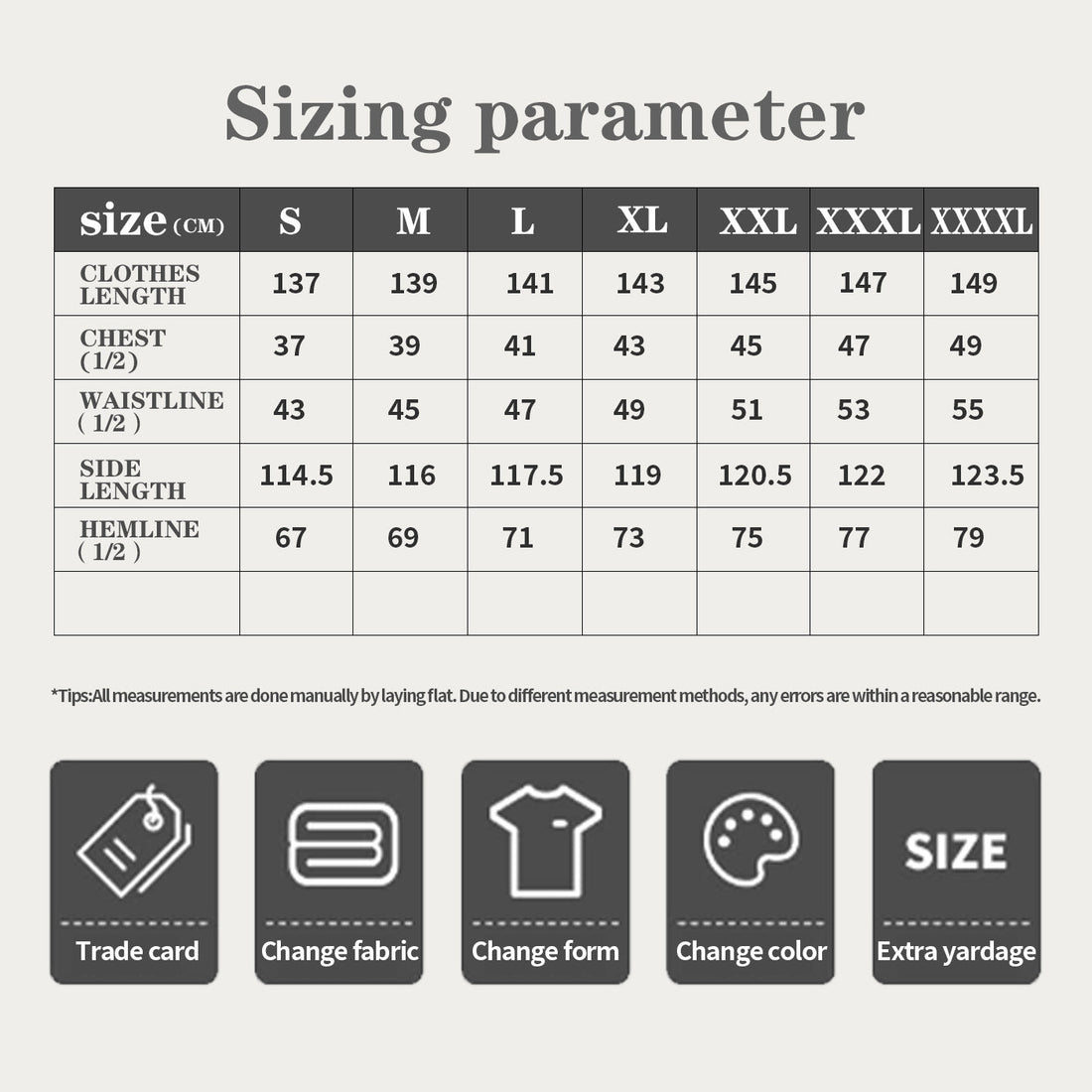 Sizing parameter chart for clothes with measurements in centimeters