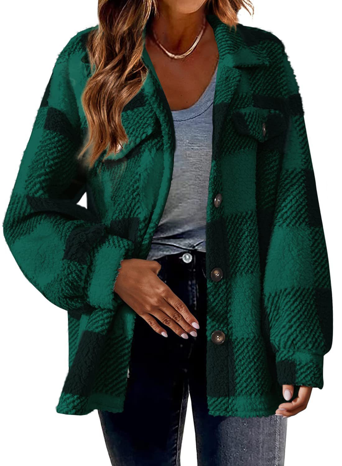 Turndown Collar Plaid Jacket With Pockets Single Breasted Button Down Woolen Jacket Autumn And Winter Clothes For Women - cas7m