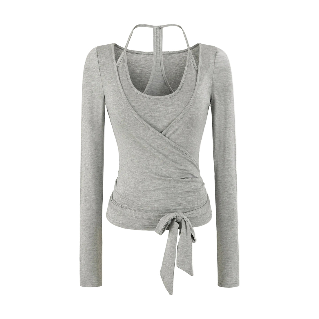 A light gray long-sleeve wrap top with a crossover front, side tie detail, and a double-strap racerback neckline, shown on a plain white background.