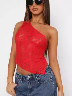 Ins Lace Backless Top Summer Solid Color Waistless Asymmetrical Sloped Neck Vest Streetwear Womens Clothes - cas7m
