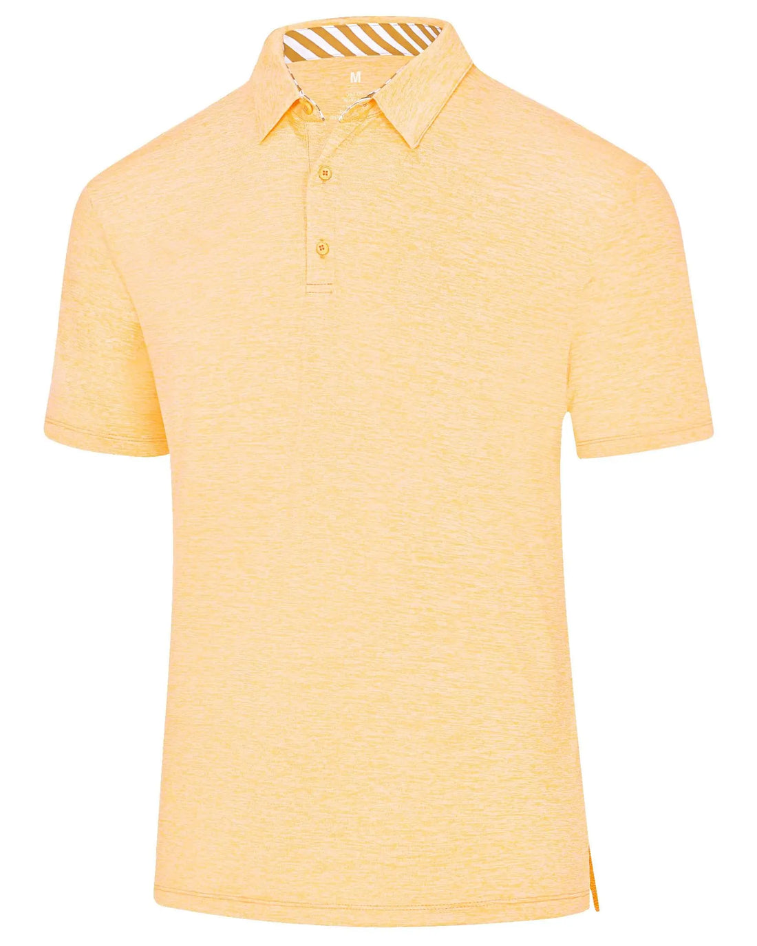 A men's short-sleeve polo shirt in a light yellow heathered fabric, featuring a classic collar and a three-button placket.