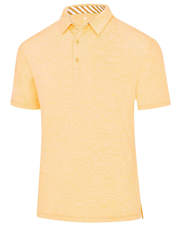 A men's short-sleeve polo shirt in a light yellow heathered fabric, featuring a classic collar and a three-button placket.