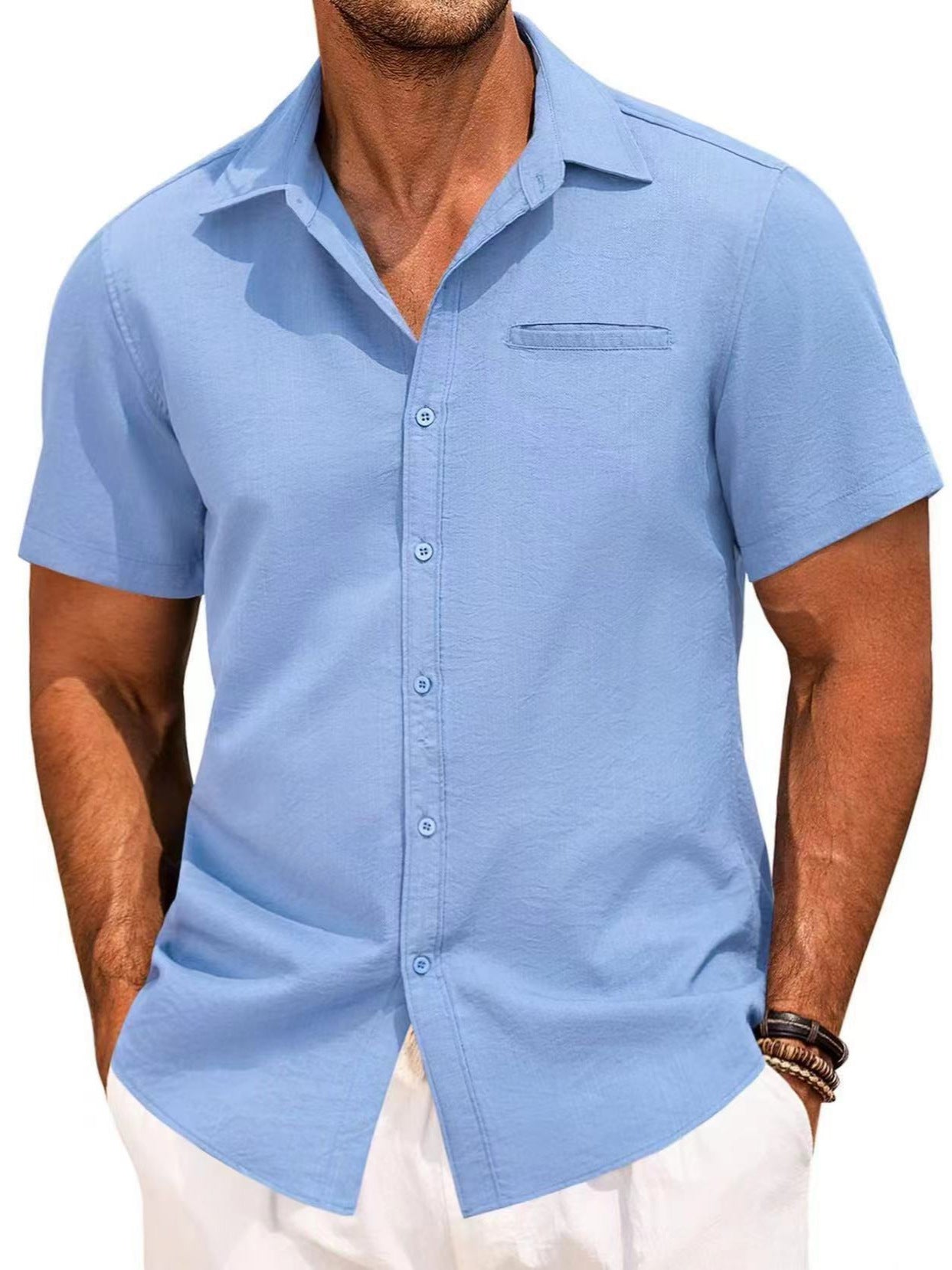 Polo Collar Solid Color Short Sleeve Button Shirt - cas7m