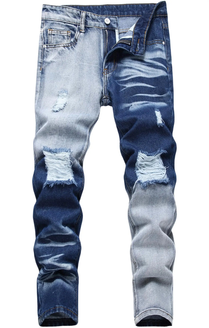 Distressed skinny jeans in a blue and light-wash denim colorway, featuring ripped details and fading on a white background.