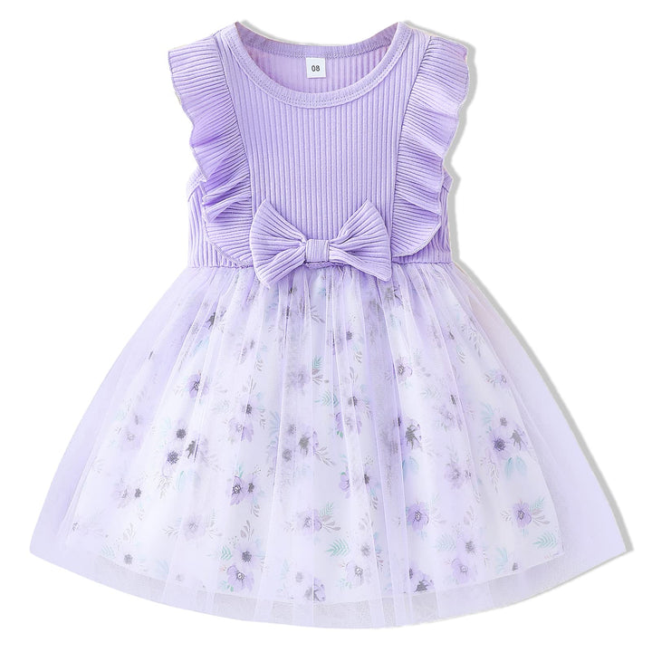 Lavender dress with floral pattern and bow on a white background