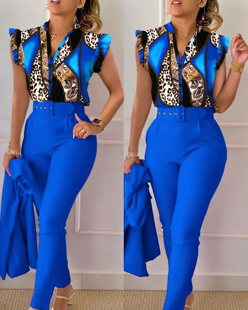 Printed Ruffle Sleeve Top Solid Color Pants Suit With Belt - cas7m