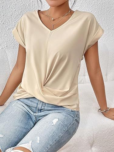 Fashion V-neck Short-sleeve T-shirt Summer Casual Irregular Knot Top For Women Clothing - cas7m
