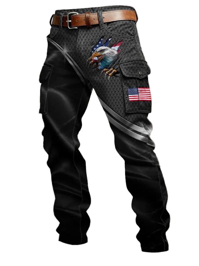 Black tactical pants with eagle and American flag design on a textured background