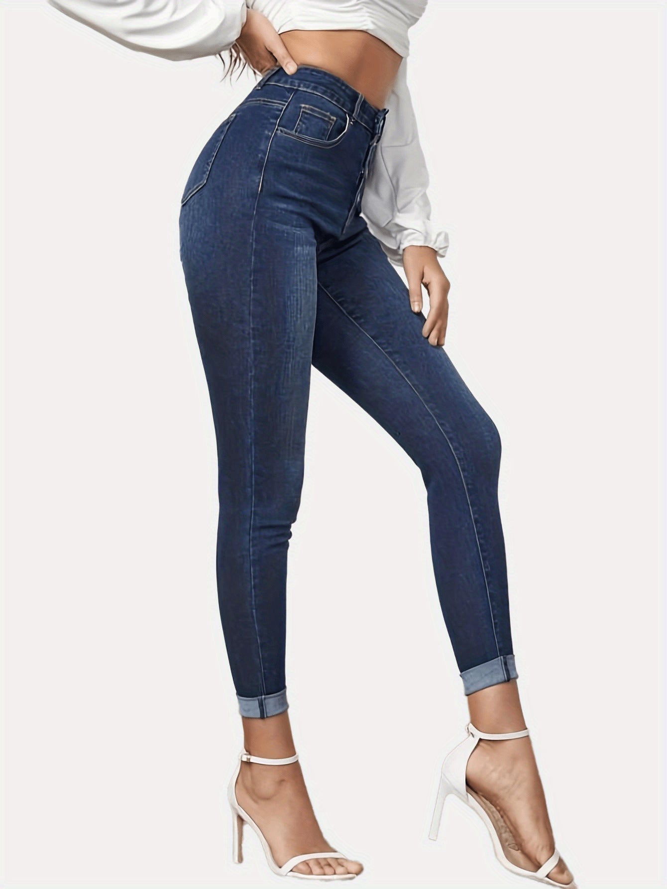 Contrast Color Slim Fit Stretch Rolled Hem Cropped Jeans - cas7m