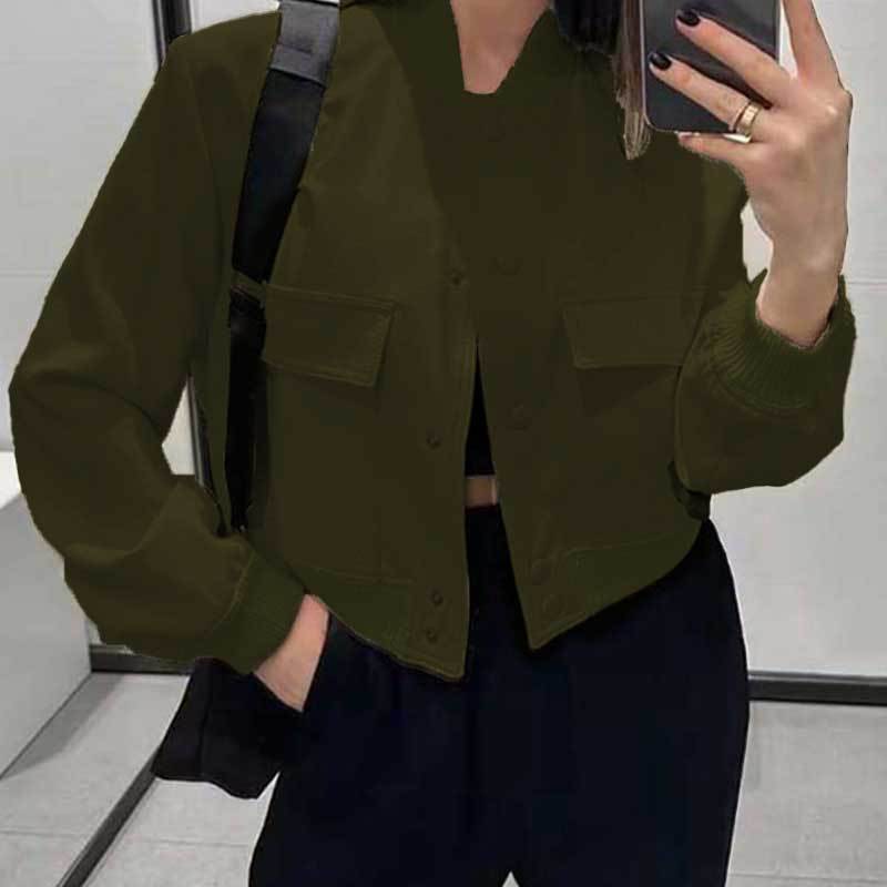 Fashion Button Stand-collar Jacket With Big Pockets Casual Loose Short Outwear Tops Coat For Women Clothing - cas7m