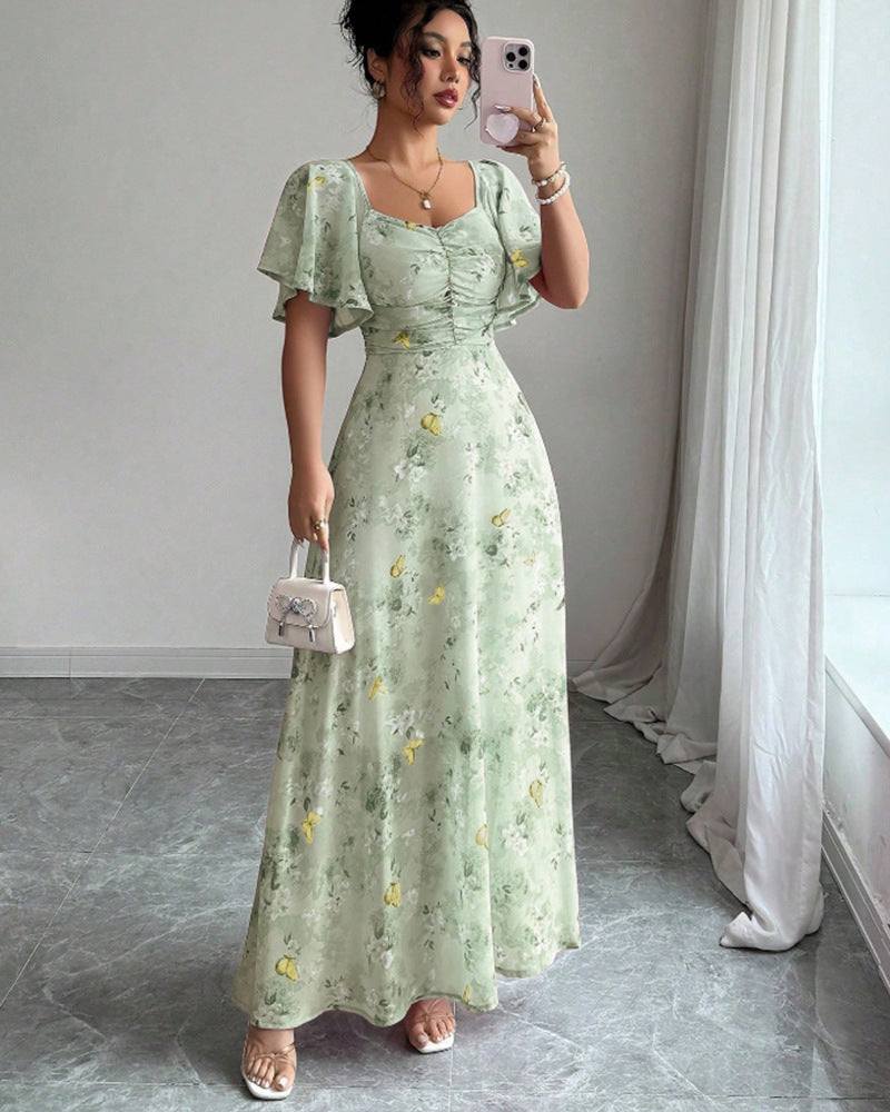 Flowers Printed Lotus Sleeve Dress Summer Elegant Slim Dresses Women's Clothing - cas7m