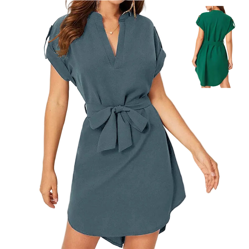 V-neck Short Sleeve Dress With Belt Summer Fashion Bowknot Dresses For Women Clothing - cas7m