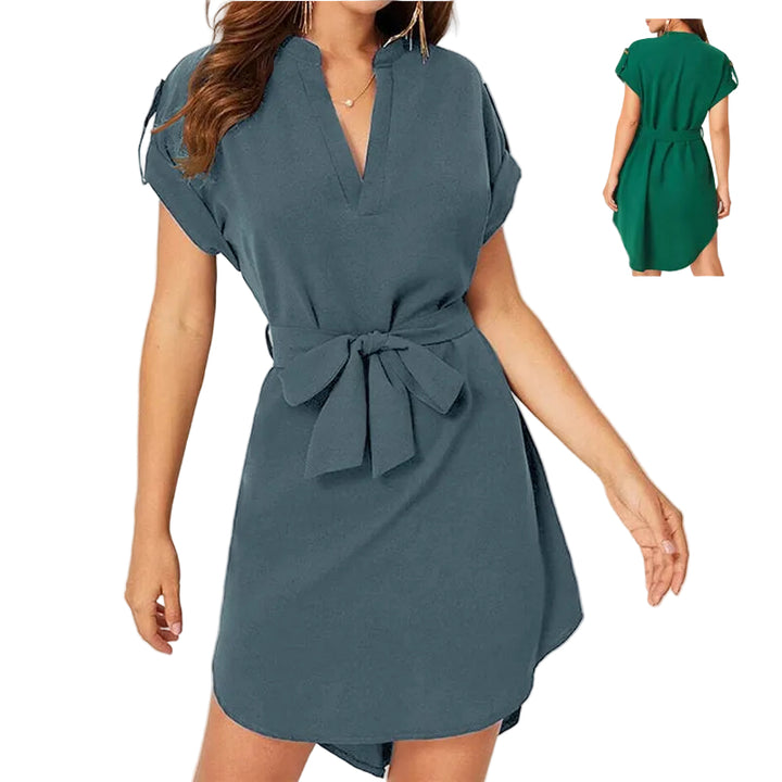 V-neck Short Sleeve Dress With Belt Summer Fashion Bowknot Dresses For Women Clothing - cas7m