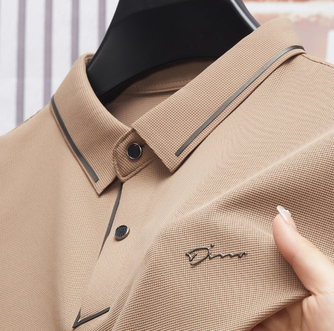 Ice Silk Short Sleeve T-shirt Men's Shirt Collar Summer Polo Shirt Loose Clothes Split - cas7m